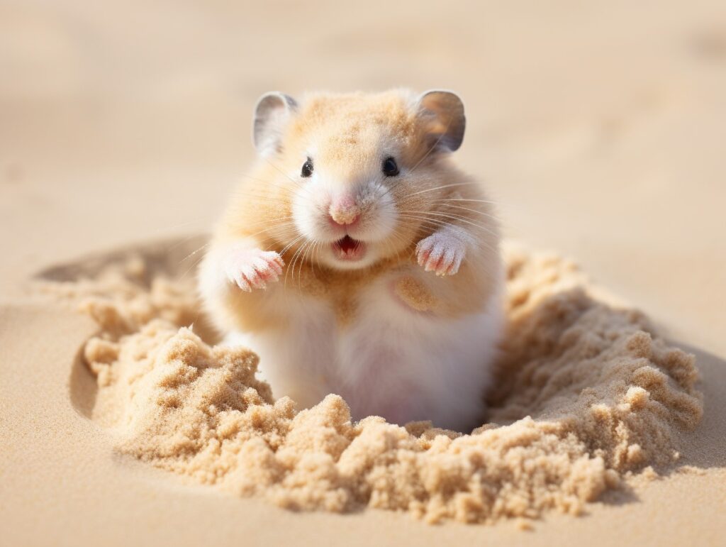 happy hamster in sand bath
