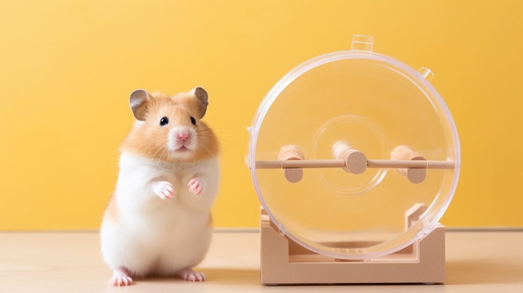 Hamster stands next to the wheel
