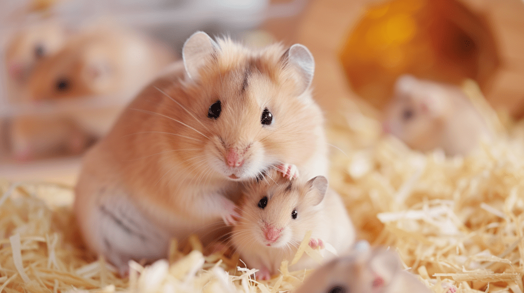 hamster mother with her pups inside a well-maintained cage 