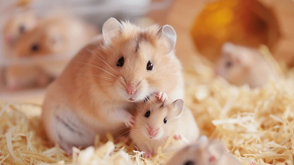 hamster mother with her pups inside a well-maintained cage