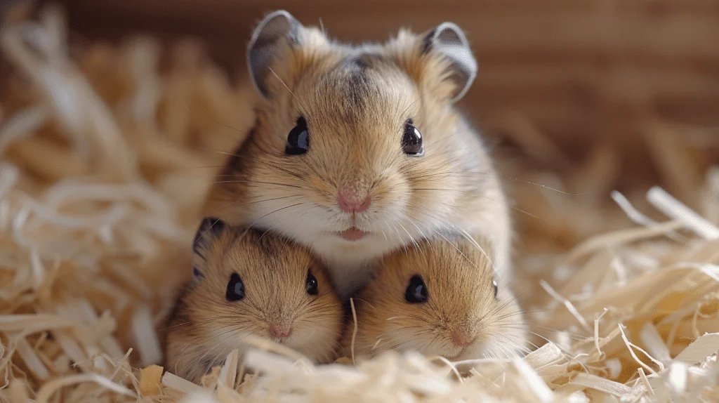 hamster with hers pups, nice cage in bright sunny room