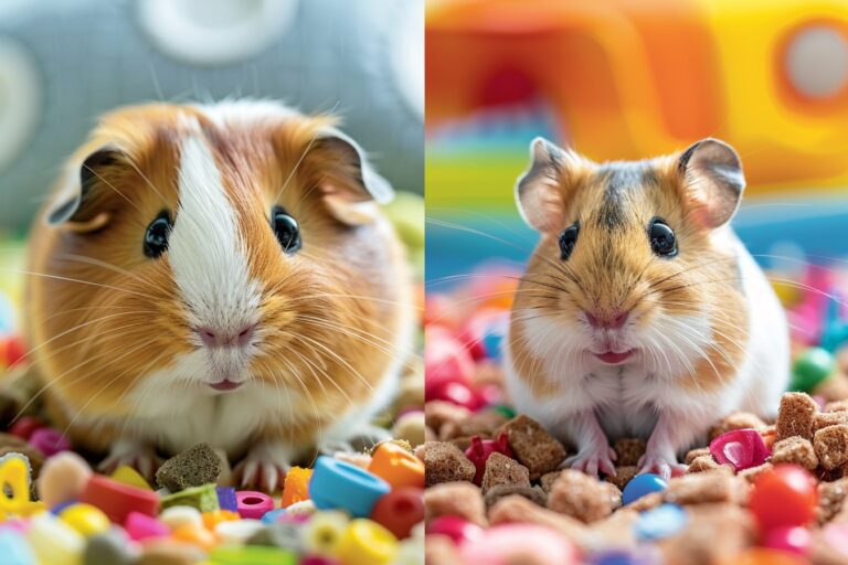 Split-screen image: left side shows fluffy guinea pig with large ears, right side displays curious hamster with round cheeks. Both on colorful bedding, surrounded by miniature toys, exercise wheels, and food bowls.