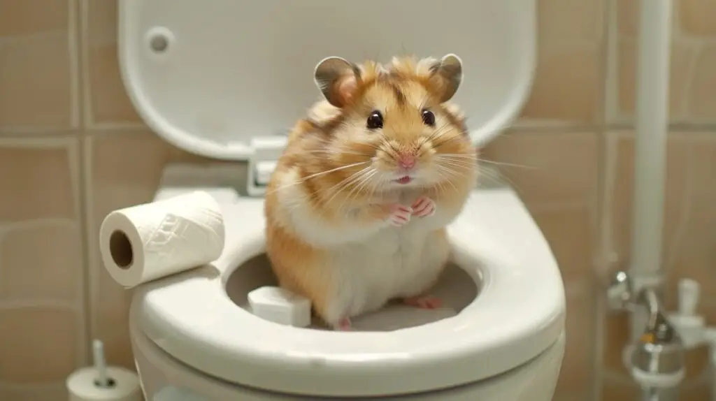 hamster perched on a tiny toilet,  surrounded by scattered toilet paper rolls