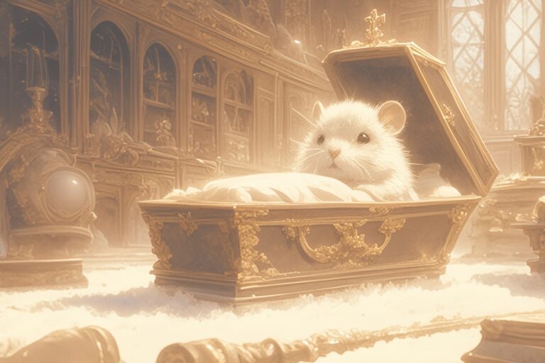 hamster in an ornate Victorian coffin