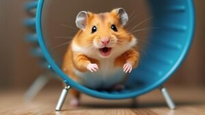 The image feature a cute, energetic hamster running on a hamster wheel