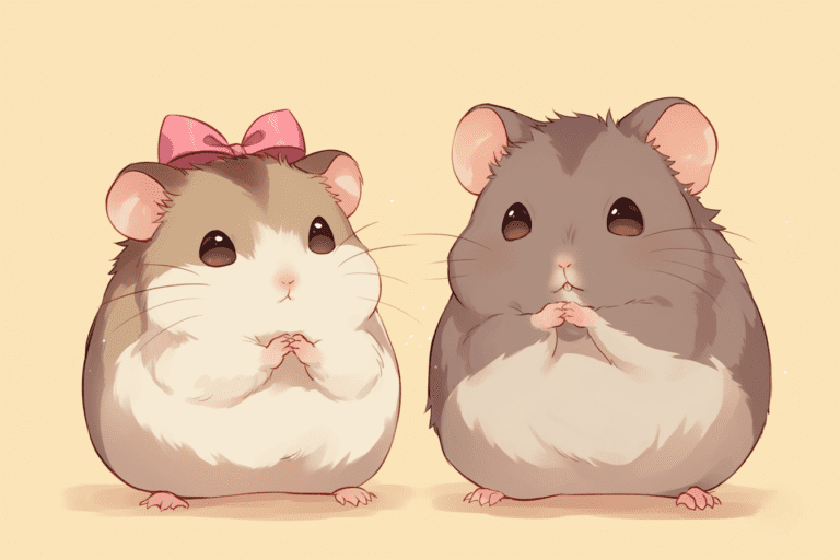 A split-screen illustration of a male and female hamster