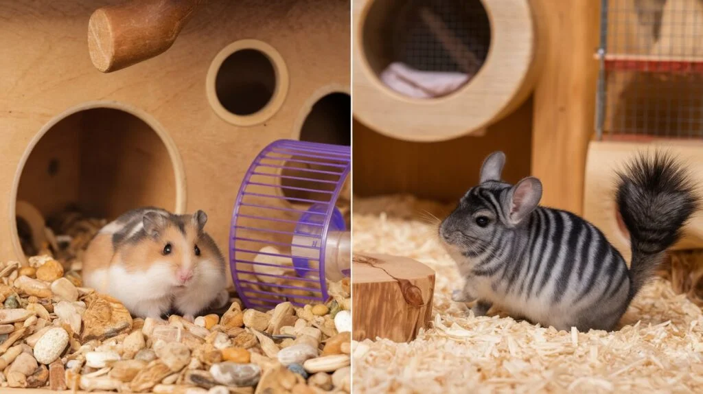 split view showcasing two habitats side by side: one for a hamster and one for a chinchilla