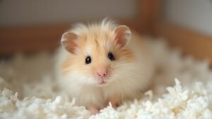 The image feature a cute, well-groomed long-haired hamster in a clean, spacious cage with soft bedding.