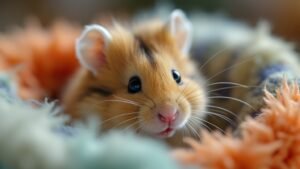 A close-up shot captures a fluffy teddy bear hamster nestled in soft, colorful bedding.